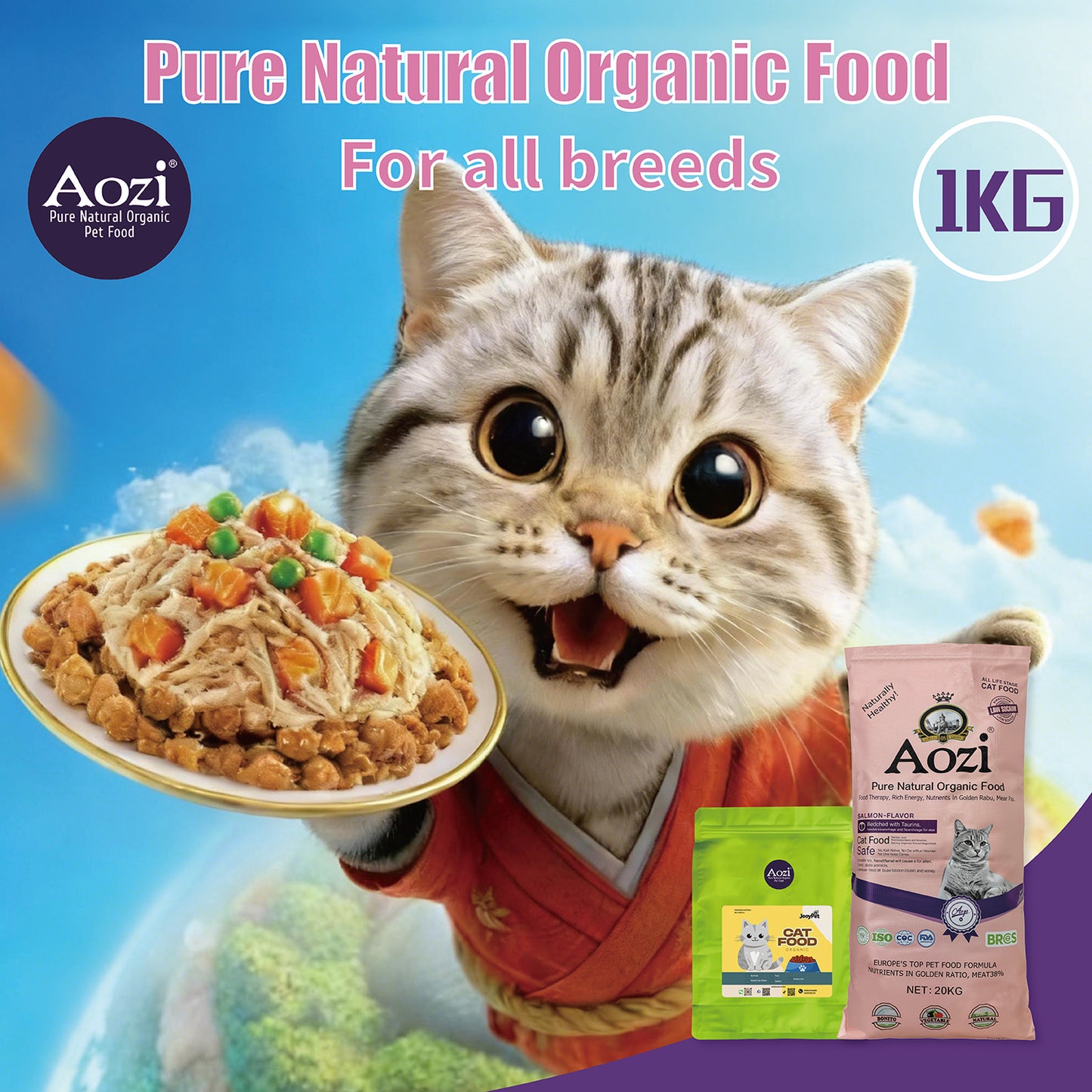 JooyPet Aozi Adult Cat Food 20KG Sack Salmon Flavor 24% Protein Omega Fatty Acids for Optimal Nutrition