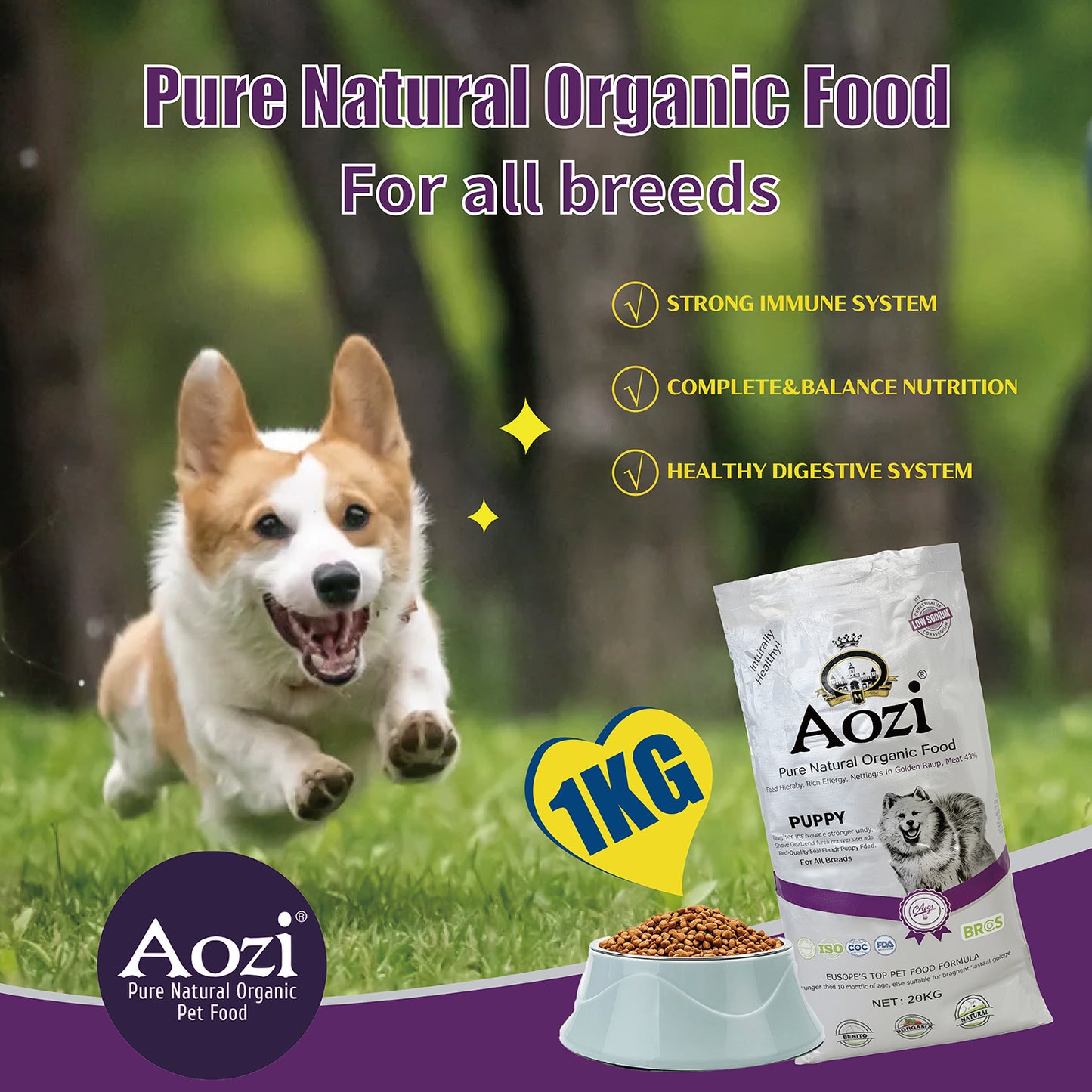 JooyPet AOZI BEEF+SPINACH PUPPY ORGANIC 20kg Dog Dry Food - Pure Natural, Organic, Probiotics, Beneficial, Teeth Cleaning, Vitamin C, Free from Harmful Chemicals