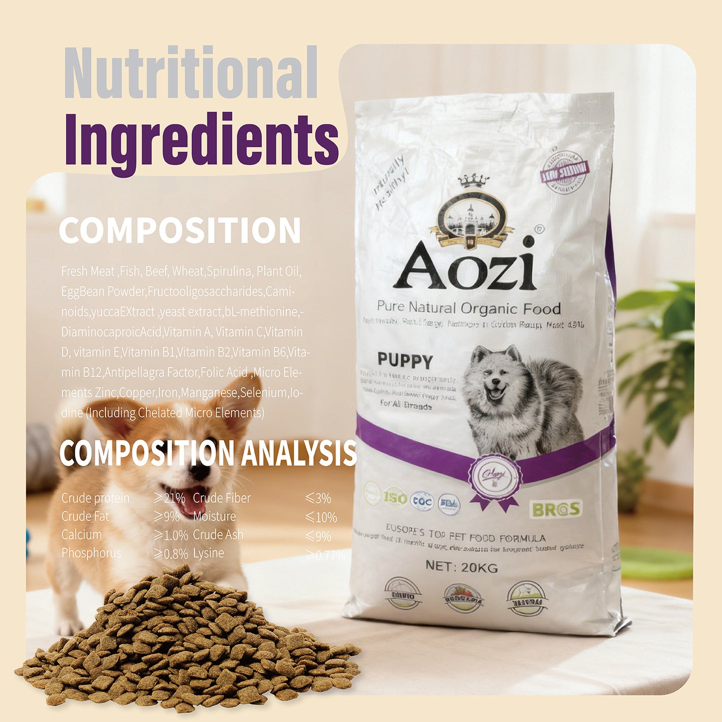 JooyPet AOZI BEEF+SPINACH PUPPY ORGANIC 20kg Dog Dry Food - Pure Natural, Organic, Probiotics, Beneficial, Teeth Cleaning, Vitamin C, Free from Harmful Chemicals