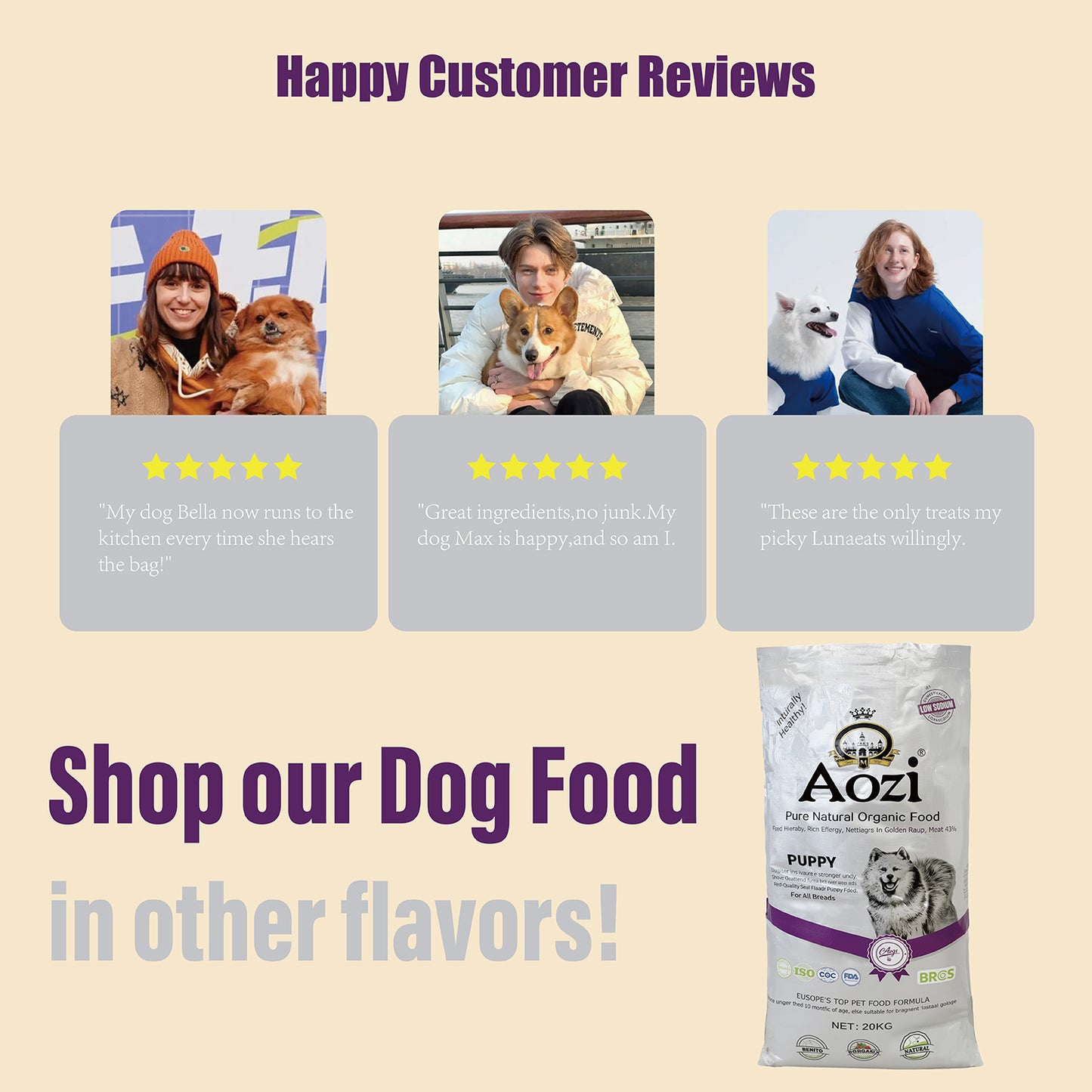 JooyPet AOZI BEEF+SPINACH PUPPY ORGANIC 20kg Dog Dry Food - Pure Natural, Organic, Probiotics, Beneficial, Teeth Cleaning, Vitamin C, Free from Harmful Chemicals