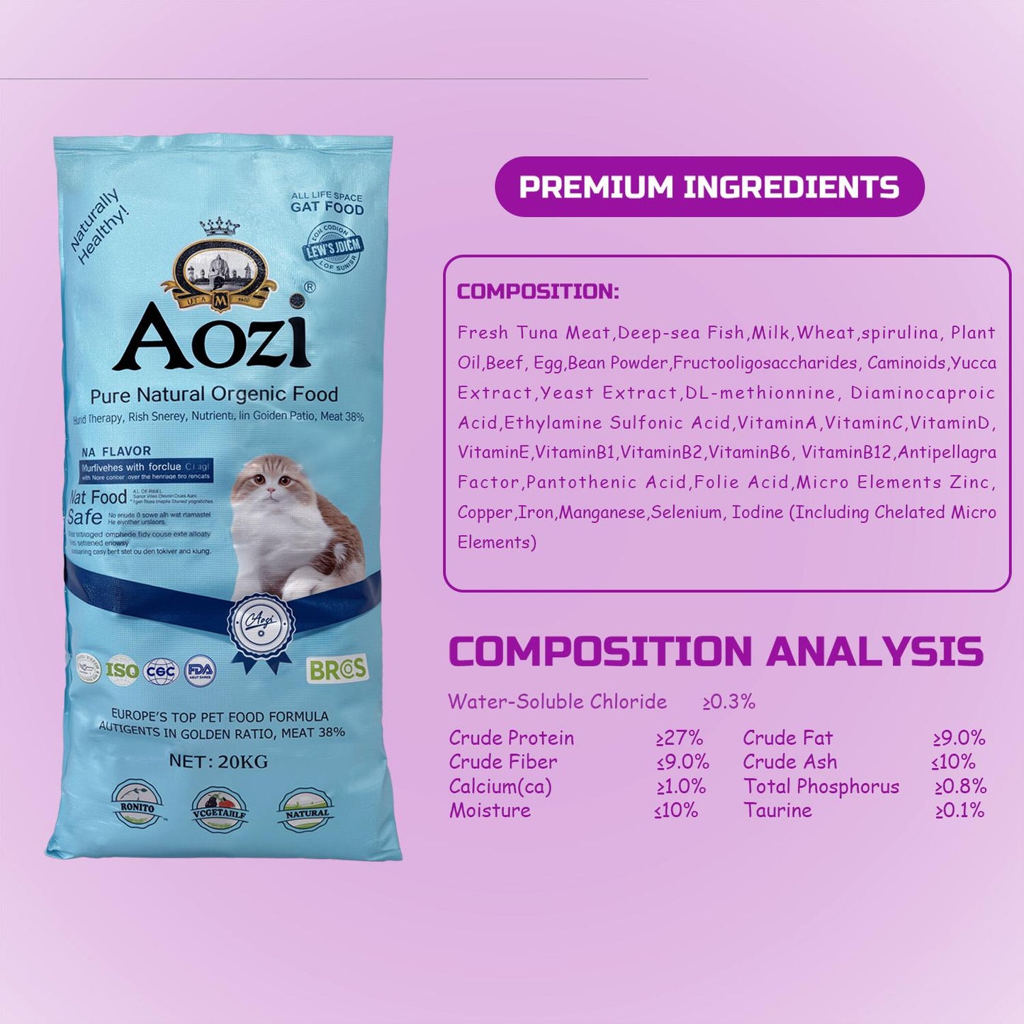JooyPet AOZI Cat Food High-Quality Tuna 20KG Natural Kitten Dry Food for Pets Europe's Top Pet Food Formula Complete Balanced Meal for Healthy Skin Shiny Coat & Stronger Joints Bones