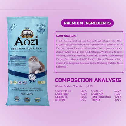 JooyPet AOZI Cat Food High-Quality Tuna 20KG Natural Kitten Dry Food for Pets Europe's Top Pet Food Formula Complete Balanced Meal for Healthy Skin Shiny Coat & Stronger Joints Bones