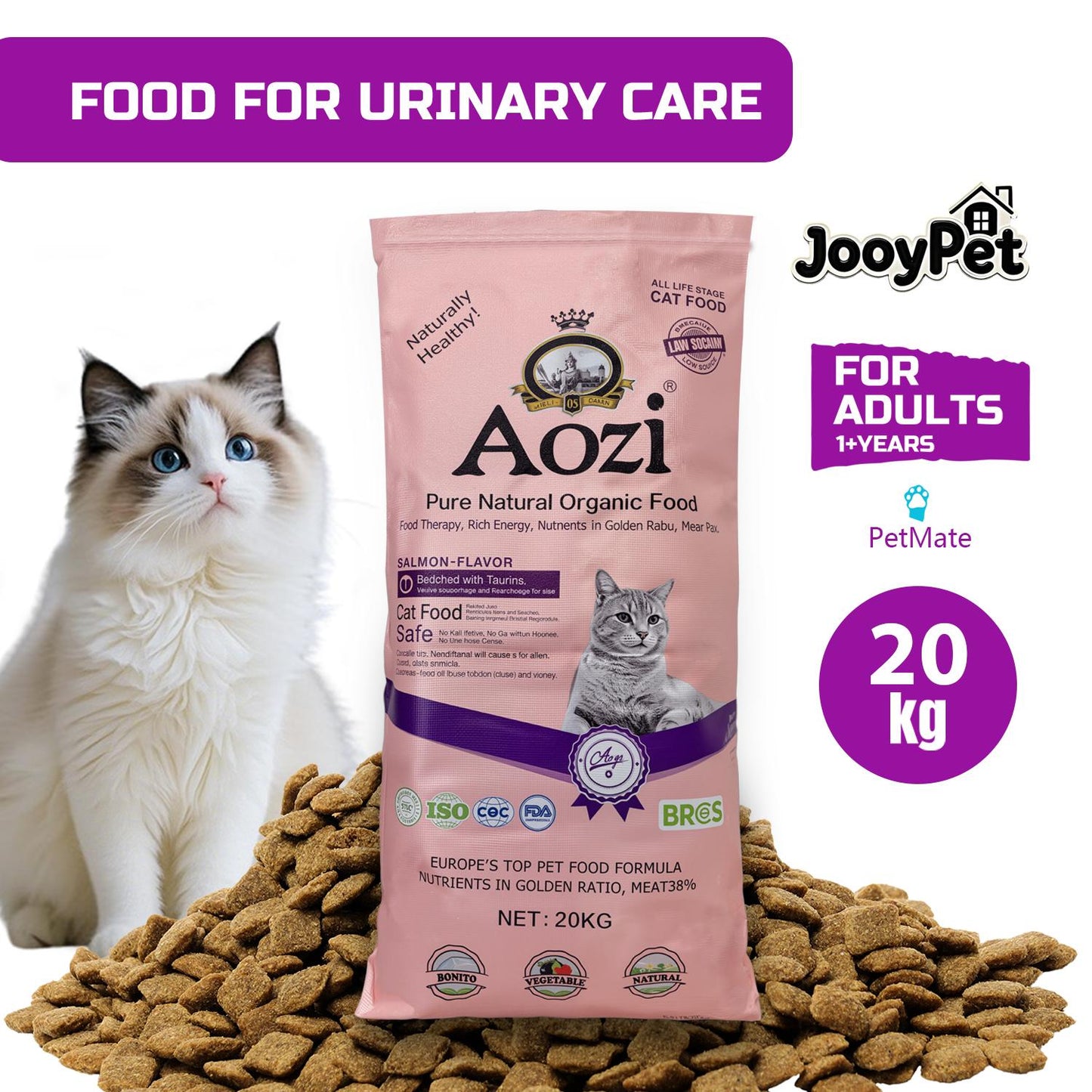 JooyPet Aozi Adult Cat Food 20KG Sack Salmon Flavor 24% Protein Omega Fatty Acids for Optimal Nutrition