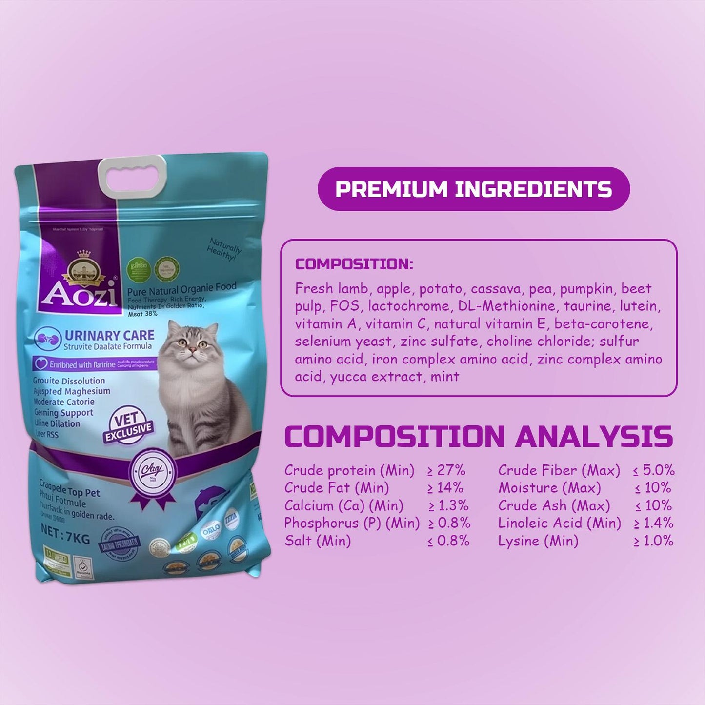 AOZI Urinary Care SO Prescription Cat Food 7kg - Low-Mg Acidifying Formula to Dissolve Struvite Crystals & Dilute Urine, Supports Feline Lower Urinary Tract Health (Veterinarian-Approved)