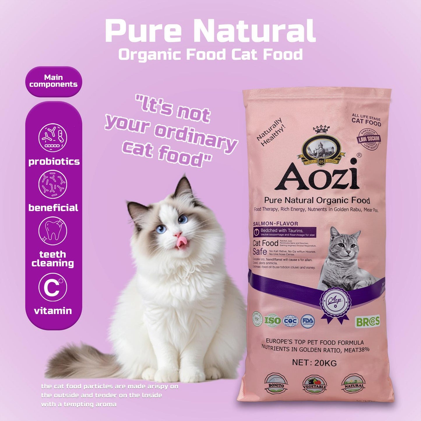 JooyPet Aozi Adult Cat Food 20KG Sack Salmon Flavor 24% Protein Omega Fatty Acids for Optimal Nutrition