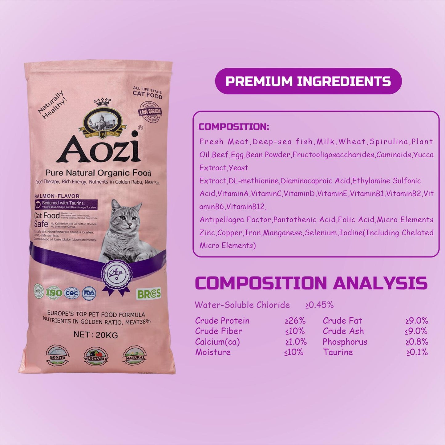 JooyPet Aozi Adult Cat Food 20KG Sack Salmon Flavor 24% Protein Omega Fatty Acids for Optimal Nutrition