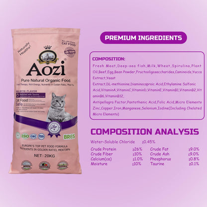 JooyPet Aozi Adult Cat Food 20KG Sack Salmon Flavor 24% Protein Omega Fatty Acids for Optimal Nutrition