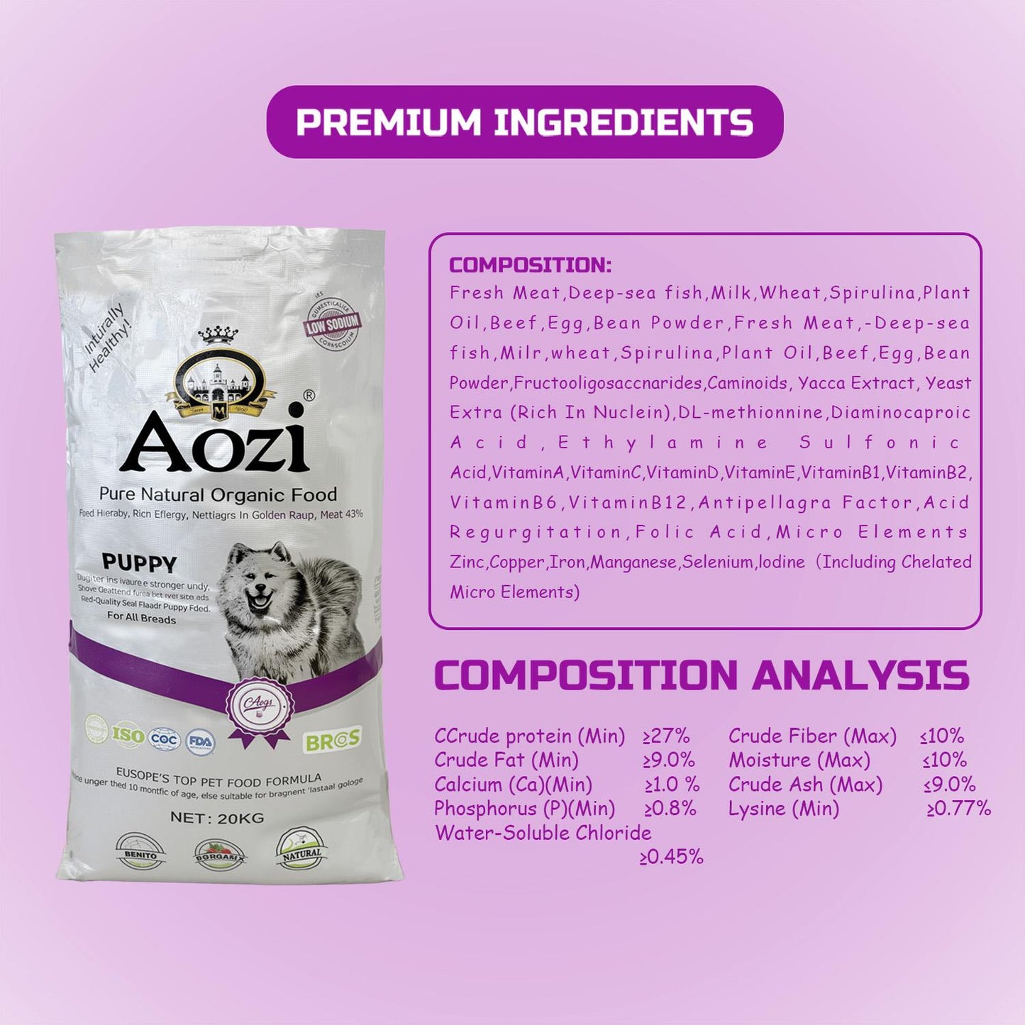 JooyPet AOZI BEEF+SPINACH PUPPY ORGANIC 20kg Dog Dry Food - Pure Natural, Organic, Probiotics, Beneficial, Teeth Cleaning, Vitamin C, Free from Harmful Chemicals