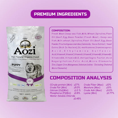 JooyPet AOZI BEEF+SPINACH PUPPY ORGANIC 20kg Dog Dry Food - Pure Natural, Organic, Probiotics, Beneficial, Teeth Cleaning, Vitamin C, Free from Harmful Chemicals